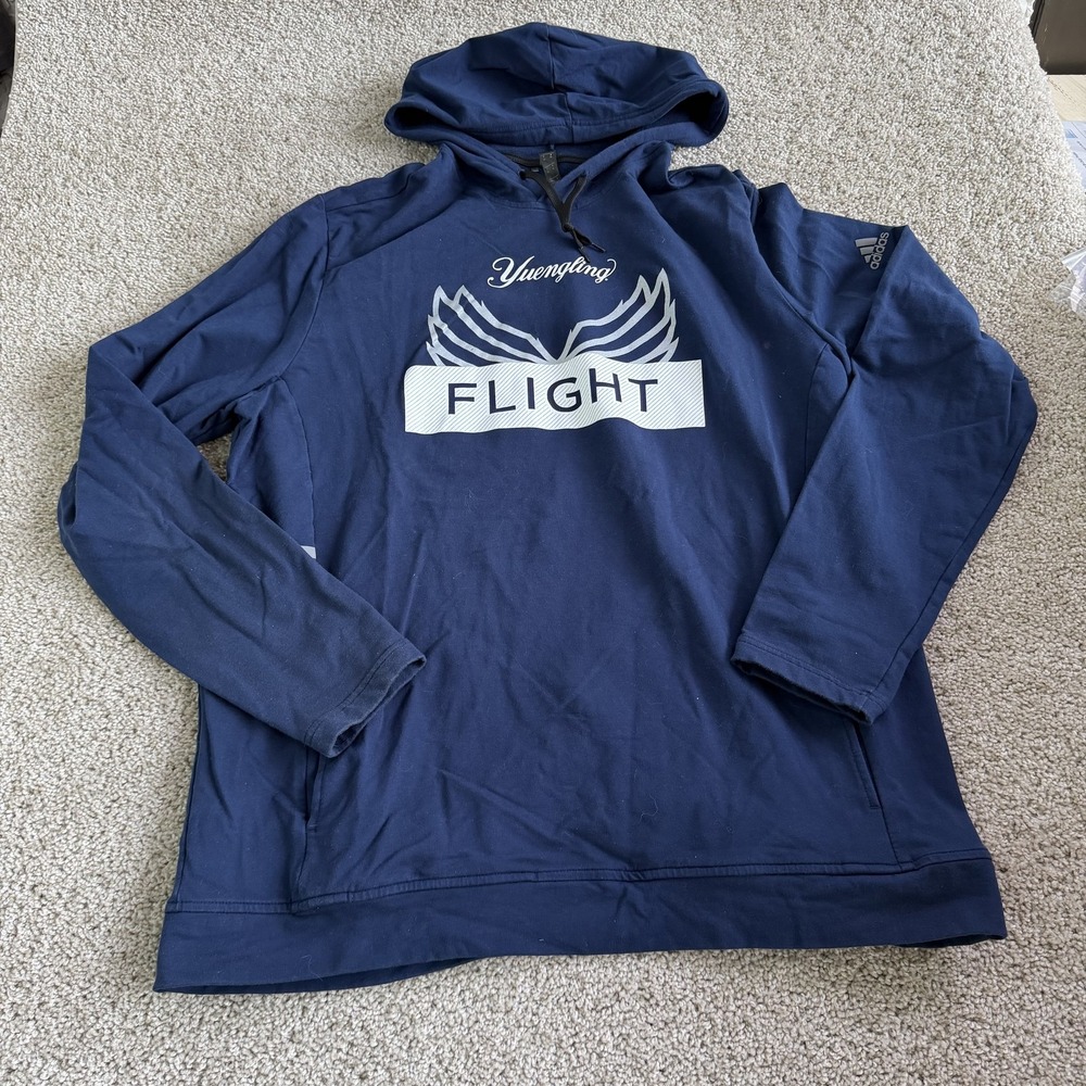 Adidas Hoodie Mens XL Blue Jersey Pullover Yuengling Flight Beer Logo Sweatshirt